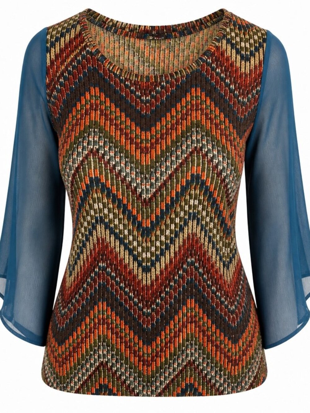 STYLE & CO, Women's Multicolor Stretchy Knit Blouse W/Sheer Blue Sleeves, Size L
